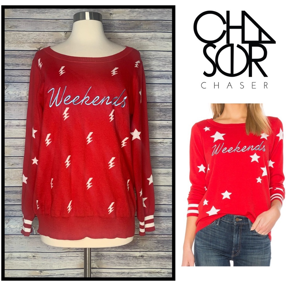 NWT Chaser Cashmere Blend Intarsia “Weekends” Sweater, Size Med